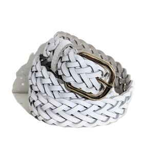 Vintage White Braided Leather Belt Boho Western Belt with Gold Buckle